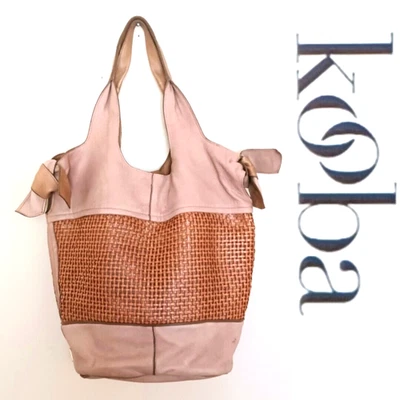 Kooba Blush Tan Leather Lg Hobo Bag Brown Woven Leather Tied Bow Accents - Image 1 of 4