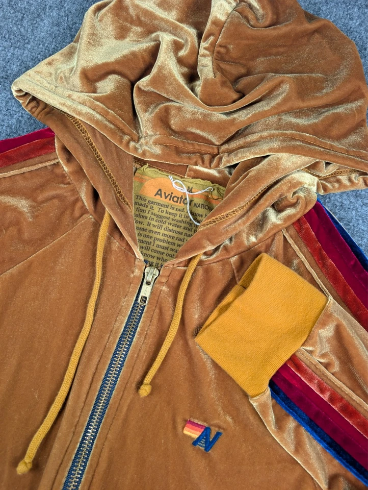 Sudadera con Capucha Aviator Nation Terciopelo Cremallera Completa Para Mujer M Naranja/Dorado Rayas Arco Iris Foto 1 de 4