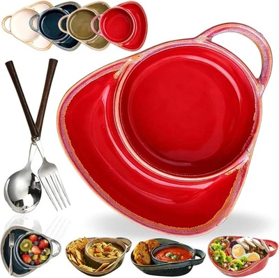 Combo de plato de sopa y sándwich con forma de ventilador cuenco de cereal dividido de cerámica para desayuno Foto 1 de 4