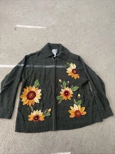 STITCHES In TIME Sunflower Cardigan Sweater SIZE 1X Floral Appliqué Embroidered - Picture 1 of 9