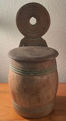 Antique Primitive Treenware Wood Wooden Salt Box Barrel For Wall 19th C. 10” - Image 1 of 4