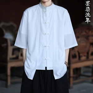 Camisa de manga corta de seda de verano estilo Tang para hombre nueva estilo chino botón Hanfu - Imagen 1 de 12