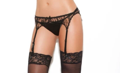 Lace Garter Belt Satin Bow Adjustable Sheer Floral Black 3363 - Image 1 of 3