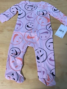 NEW! Baby Nike Smiley Face Print Sleep & Play One Piece Pajamas - 6 Months Pink - Picture 1 of 9