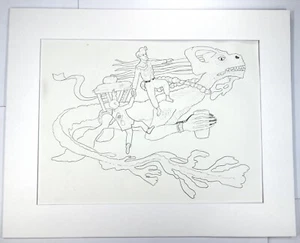 Surrealist Pencil Drawing Man Riding Flying Dinosaur Dragon Holding Cup 16x20” - Picture 1 of 14