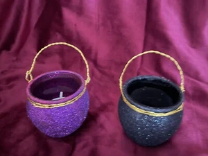 Cauldron Glass Glitter 2 Tea Light Holders Handmade Relax Wicca Witch Meditation - Picture 1 of 3