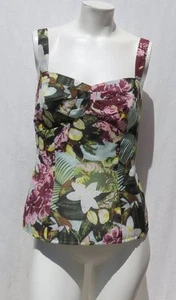 $79 CAbi #340 Green Pink Floral Print Gauzy Cotton Bustier Tropical Tank Top 4 6 - Picture 1 of 5
