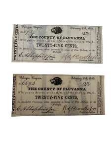 Pair 1863 Fluvanna County VA 25 Cent Scrip Notes Confederate Era Currency - Picture 1 of 4