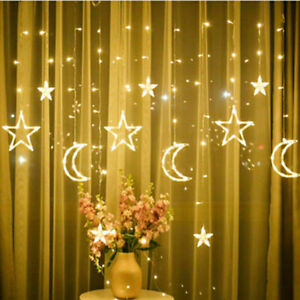 LED Sterne Mond Lichternetz Ramadan Eid Mubarak Außen Fenster Lichterkette Deko