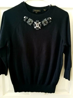 Ted Baker London Womens 3/4 Sleeve Cotton/Silk Black Sweater Jewelled Neckline 1 - Image 1 of 4
