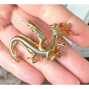 Vintage Gold-Tone Damascene Dragon Fire Breathing Brooch made in Spain - Picture 1 of 4