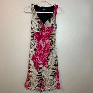 Vtg Express Dress Sz M Y2K 90s Coquette Fairy Pink Floral Midi Slip Brown Zebra - Picture 1 of 7