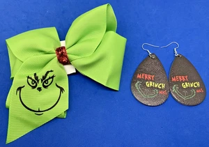 NEUE grüne Grinch Haarschleife Clip & NEU Grinch Kunstleder Träne Ohrringe - Bild 1 von 5