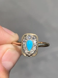 9ct Gold Diamond Turquoise Cluster Ring, Victorian 9K 375 Heavy 3.4g - Picture 1 of 8