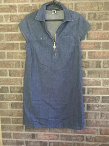 ANNE KLEIN SHORT SLEEVE DENIM DRESS WITH GOLD LION EMBLEM ZIPPER -LARGE  - Picture 1 of 3