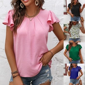 Womens Floral Print Flutter Sleeve Blouse Round Neck Casual Summer Top - Picture 1 of 84
