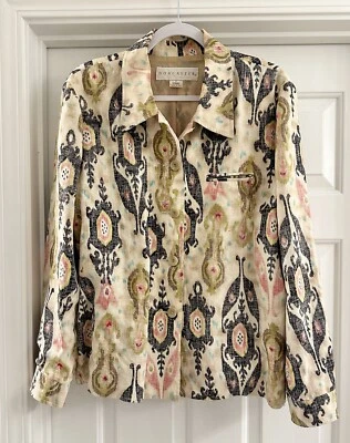 Jaqueta Doncaster feminina com botões tamanho 14 multicolorida retrô paisley 100% linho - Imagem 1 de 4