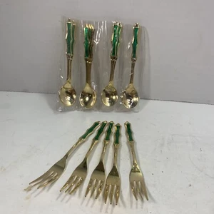 Japanese Dessert Spoons/forks Green Gold Stainless 5” Made In Japan - Picture 1 of 9