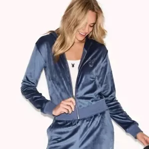 Giacca Pile Blu Velour Playboy Zip Up Taglia Large Donna Felpa con Cappuccio - Foto 1 di 8
