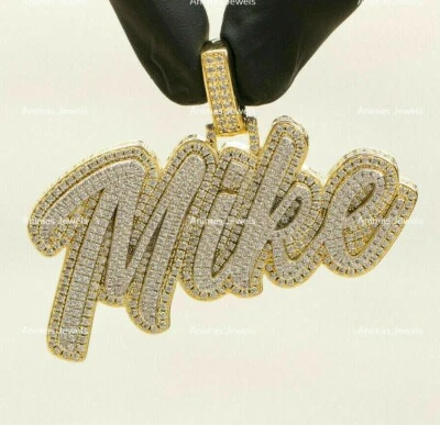 3 克拉莫桑石男式 Mike 定制名称吊坠 14K 镀黄金银色 — 第 1/4 张图片