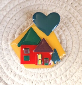 Vintage HOUSE PINS BY LUCINDA Brooch Bright Colors Heart Tree LARGE SIZE - Picture 1 of 6