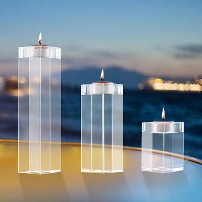 3pcs Glass Candle Holder Crystal Clear Pillar Candle Stand Clear Glass Tealight - Image 1 of 4