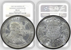 SWEDEN, Oscar II, 2 Kronor 1907, Golden Wedding Anniversary, NGC MS 64 - Picture 1 of 8