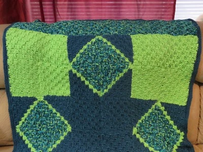 New! Handmade Crochet Blanket Throw Afghan - Teal, Lime, Dark Teal - Image 1 of 4