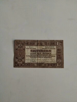 1938 NETHERLANDS ONE 1  GULDEN SILVER VOUCHER  WORLD BANKNOTE  - Image 1 of 2