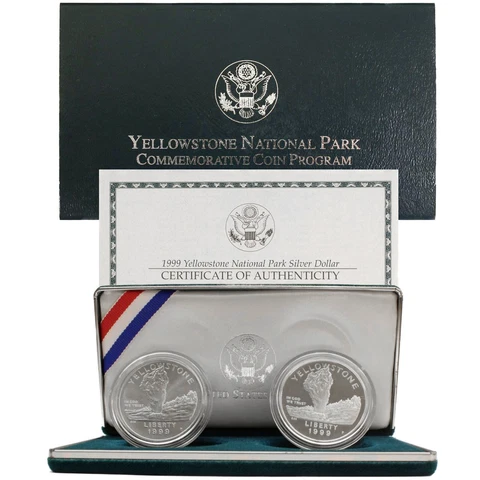 1999 P Yellowstone National Park Proof/BU Commem 90% Silver Dollars 2 Coin OGP Cover