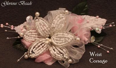 Corsage Pink  Beaded Lily Silk Roses, Beads Rhinestones. Boutonniere Option Prom - Image 1 of 4