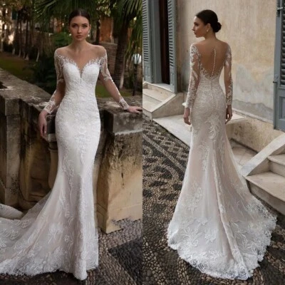 Elegant Mermaid Wedding Dresses V-Neck Long Sleeved Lace Appliques Bridal Gowns - Image 1 of 4