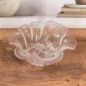 Vintage Mikasa Rosella Bowl Frosted Glass Pink Flowers Fluted Ruffled Edge 8” - Picture 1 of 4