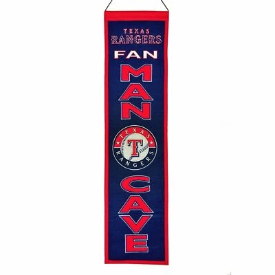 NUEVO Texas Rangers Béisbol Fan Man Cueva 8"x32" Letrero Bordado Herencia Banner  Foto 1 de 4