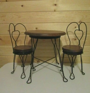 Vintage Wrought Iron & Wood Parlor Bistro Table w/Two Chairs For 18" Dolls - Picture 1 of 11