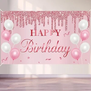 Pink Rose Gold Birthday Banner Decorations for Women Girls Happy Birthday Sig... - Picture 1 of 6