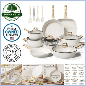 24 Pcs Ceramic Cookware Set Non Stick Large Capacity Induction Safe Toxin Free - Picture 1 of 9