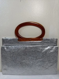 VTG Chic 60's Silver Metalic Tote Purse Brown Lucite Handles Convertible Clutch - Picture 1 of 15