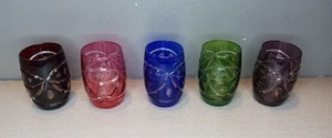 Really Rare Set of 5 Cut To Clear Crystal Shot Glasses Multi Color - Picture 1 of 12