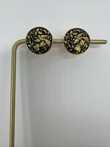 Vintage Cloisonné Damascene Style Round Stud Earrings With Birds - Picture 1 of 6
