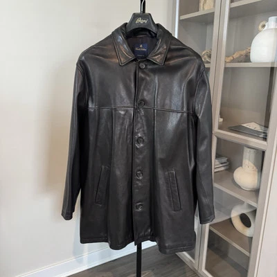 Brooks Brothers Leather Soft Black Button Mid Length Overcoat XL Collar Jacket - Image 1 of 4