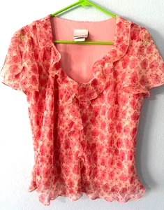 VTG Fashion Bug Blouse Size L Pink Flowers on cream short flutter sleeve lined - Picture 1 of 6