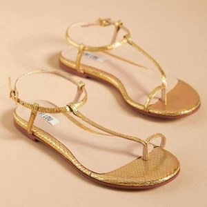 ANTHROPOLOGIE BIBI LOU Toe Loop Flat Sandal Womens 37 Gold Metallic T-strap NEW - Picture 1 of 10