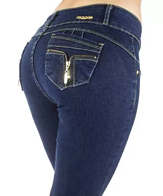 Pantalones de mezclilla ajustados para mujer talla grande/junior diseño colombiano cintura media elevación de glúteos Foto 1 de 4