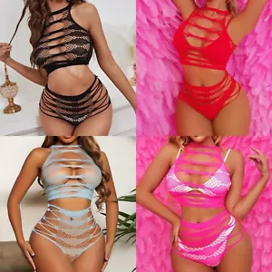 Sexy Cut out Fishnet Mesh Lingerie Set Bralette Short Bustier Sleepwear Babydoll - Picture 1 of 9