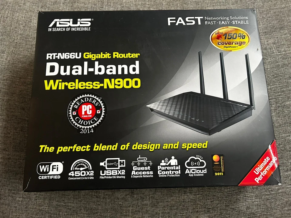 ASUS Dual Band Router RT-N66U 450 Mbps 4-Port Gigabit Wireless-N900 New - Image 1 of 4