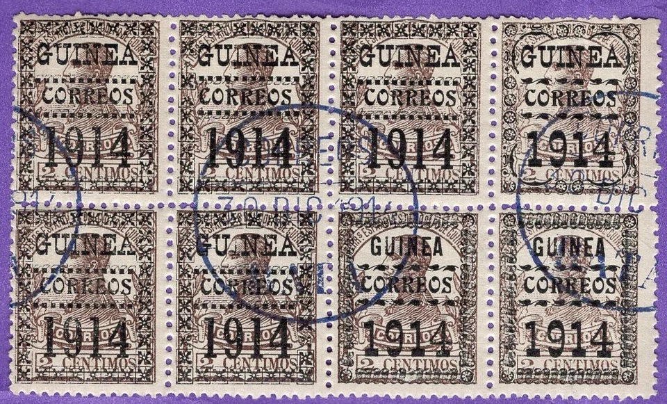 SPAIN GUINEA, BLOCK OF 8, W/OVERPRINT "1914", FRAUDUELENT TO FRAUD THE STATE - Image 1 of 2