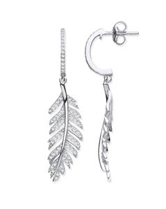 9ct White Gold Feather Drop 0.40ctw Diamond Earrings 41mm Length Hallmarked - Picture 1 of 5