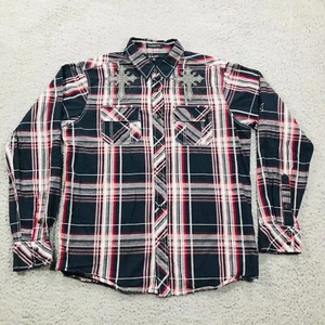 Pearl Snap Shirt Men Medium Blue Plaid Classic Fit Roll Sleeve Embroidered Cross - Picture 1 of 12