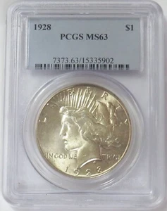1928 PEACE SILVER DOLLAR $1 PCGS MINT STATE 63 - Picture 1 of 2